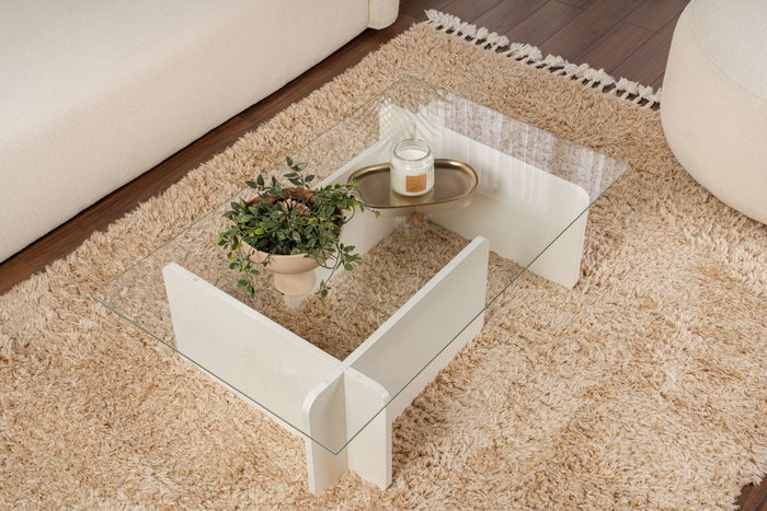 Nordure Mesa de Centro Flavio - Madera Blanca con Cristal Templado y Tablero Melamina 105x30x65cm